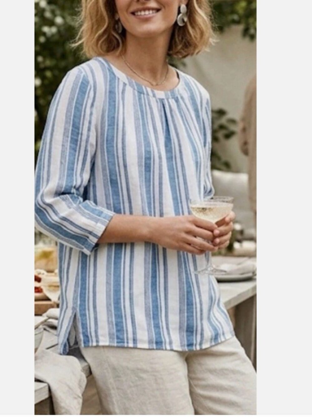 Boden 100% Linen Blue White Stripes Blouse Button Up Back Women's US 4